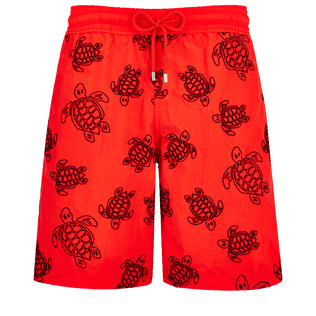 Men Swim Trunks Ronde Des Tortues Flocked Poppy red front view