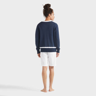 Men Cotton Cardigan Turtle Jacquard Bicolor Navy back worn view