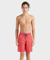 Men Long Ultra-Light and Packable Swim Shorts Micro Rondes des Tortues Poppy red front worn view
