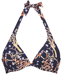 Top de bikini con aros y estampado Sweet Blossom para mujer Azul marino vista frontal