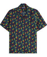 Men Linen  Bowling Shirt Tortues Rainbow Multicolor - Vilebrequin x Kenny Scharf Navy front view