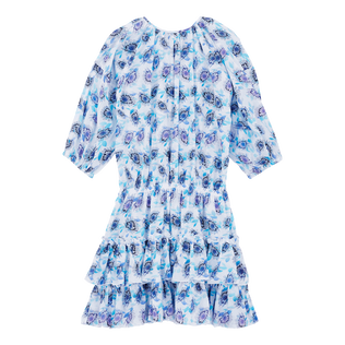 Women Short Ruffles Cotton Dress Flash Flowers Purple blue back view