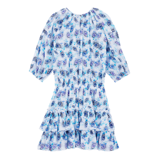 Women Others Printed - Women Short Ruffles Cotton Dress Flash Flowers, Purple blue back view
