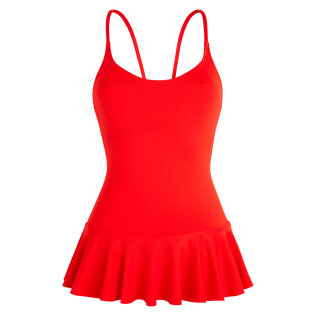 女士纯色半身裙式连体泳衣 Poppy red 正面图