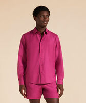 Men Wool Shirt Solid Crimson purple 正面穿戴视图