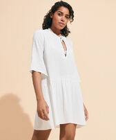 Women Plumetis Short Dress Chalk front worn view
