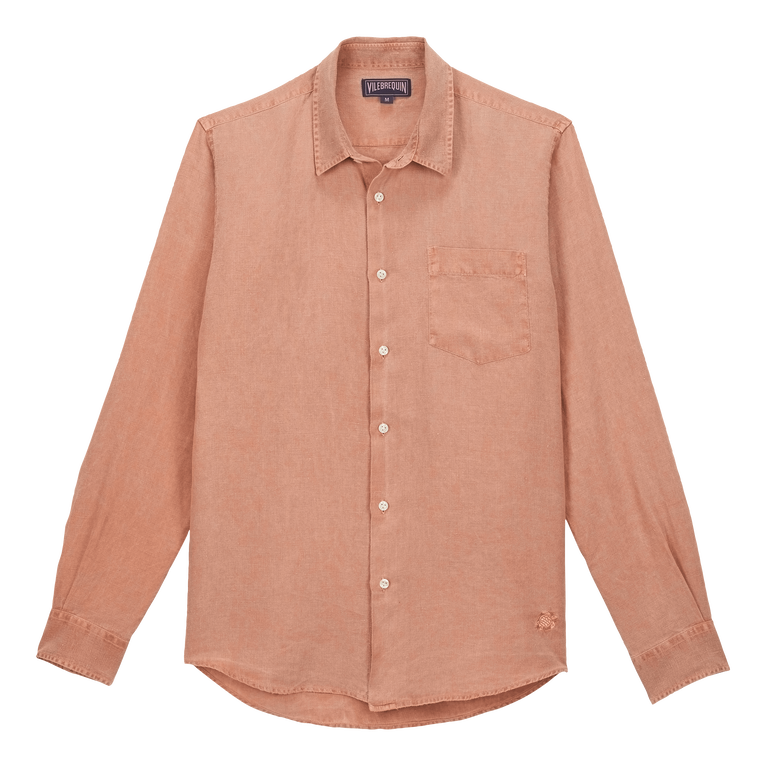 Camisa De Lino Lisa Para Hombre - Camisa - Caroubis - Naranja