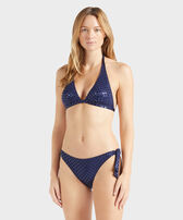 Women Side Tie Bikini Bottom Relief Sparkling Navy front worn view