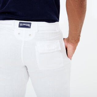 Men Linen Pants Straight Solid White details view 3