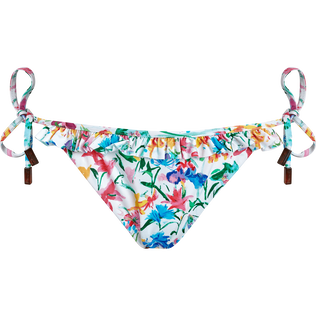 Braguita de bikini de corte brasileño con volantes y estampado Happy Flowers para mujer Blanco vista frontal