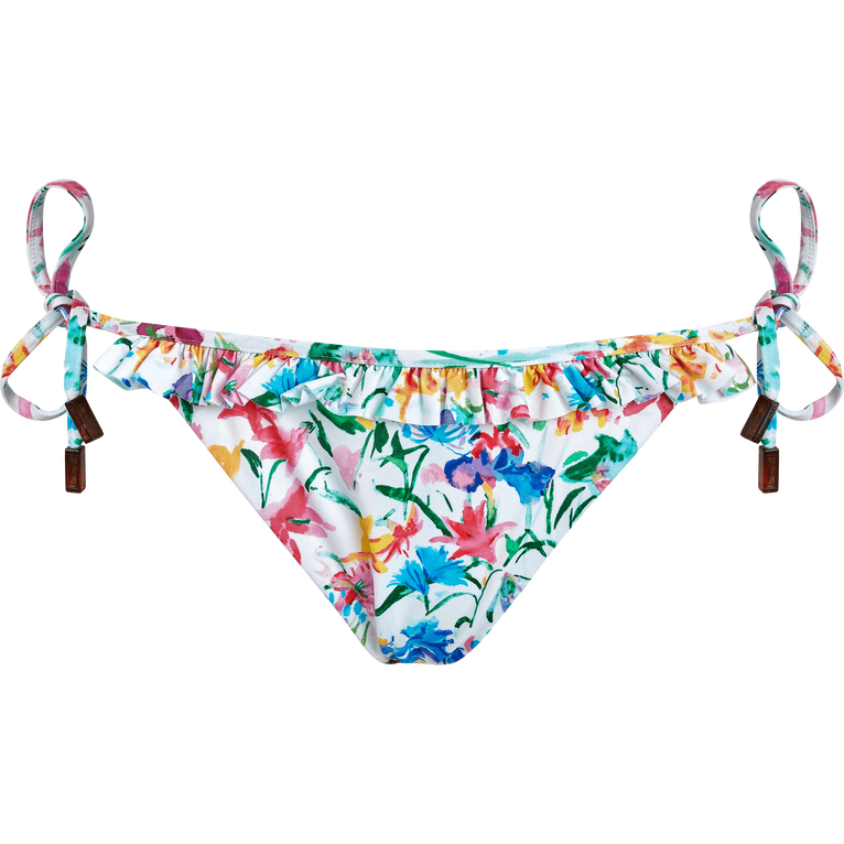 Women Mini Brief Ruffle Bikini Bottom Happy Flowers - Swimming Trunk - Florly - White - Size L - Vilebrequin