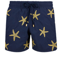 Men Swim Trunks Placed Gold Embroidery Starfish Dance - Limited Edition Navy front view