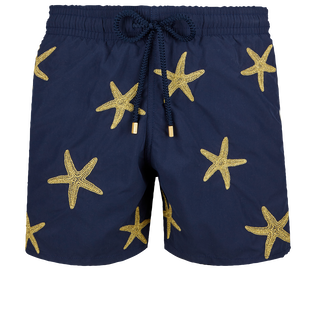 Men Swim Trunks Placed Gold Embroidery Starfish Dance - Limited Edition Navy front view