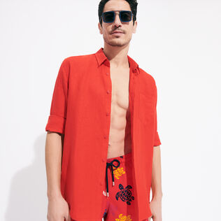 Men Linen Shirt Solid Poppy red 细节视图4