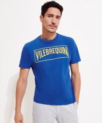 Camiseta de algodón con logotipo aterciopelado de Vilebrequin para hombre Mar azul vista frontal desgastada