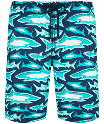 Men Long classic Printed - Men Long Swim Shorts Requins 3D, Navy front view