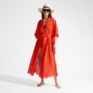 Women Guipure Kimono Flowers Lace Poppy red front worn view