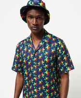Men Linen  Bowling Shirt Tortues Rainbow Multicolor - Vilebrequin x Kenny Scharf Navy front worn view