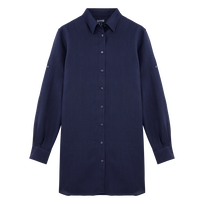 Vestido camisero de lino de color liso para mujer Azul marino vista frontal