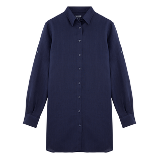 Vestido camisero de lino de color liso para mujer Azul marino vista frontal
