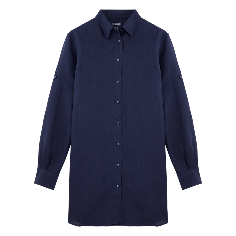 Women Linen Shirt Dress Solid - Fragance - Blue