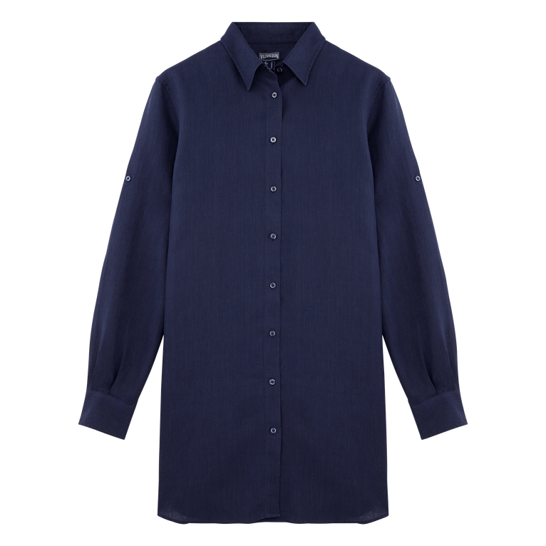 Chemisier Donna In Lino Tinta Unita - Abito A Camicia - Fragance - Blu