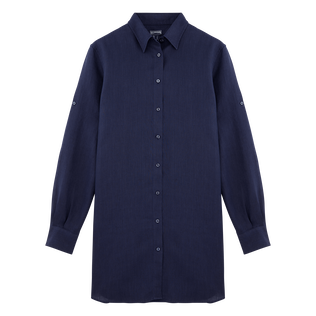 Solid Hemdkleid aus Leinen für Damen Marineblau Vorderansicht