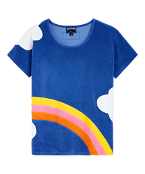 T-shirt donna con motivo Multicolor Clouds - Vilebrequin x JCC+ - Edizione limitata Blu mare vista frontale