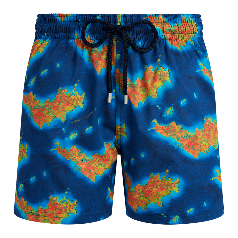 Vilebrequin Men Stretch Short Swim Shorts Bathymétrie Des Oceans Saint Barthélemy - Moorise - Blue - Size XS