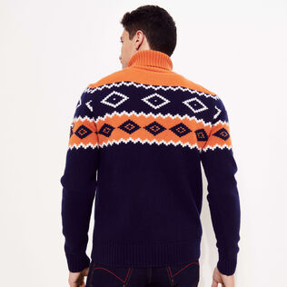 Men Wool Turtleneck Jacquard Sweater Navy back worn view