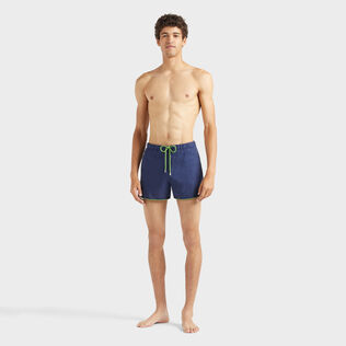 Men Linen Swim Trunks Solid Navy front worn view