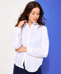 Women long sleeves Linen Shirt Solid White front worn view