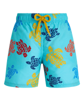 Maillot de bain garçon Ronde des Tortues Tricot - Vilebrequin x Falke Bleu lazuli vue de face