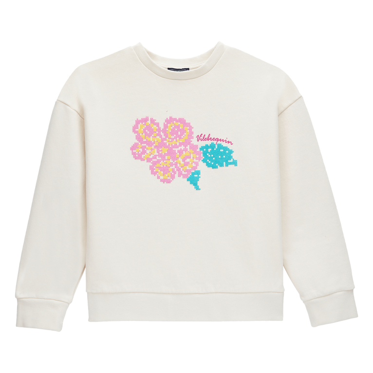 Sudadera De Cuello Redondo Con Bordado Hibiscus Para Niña - Sweatshirt - Galapa - Blanco