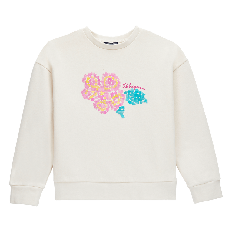 Girls Round-neck Sweatshirt Hibiscus Embroidered - Galapa - White