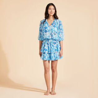 Vestido corto con volantes y estampado Tahiti Flowers para mujer Blanco vista frontal desgastada