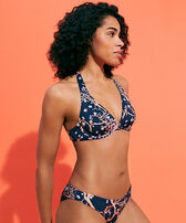 Top de bikini con aros y estampado Sweet Blossom para mujer Azul marino vista frontal desgastada