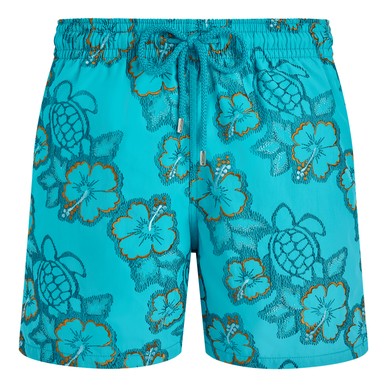 Vilebrequin Men Swim Shorts Embroidered Hibiscus - Swimming Trunk - Mistral - Blue - Size M