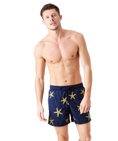 Men Swim Trunks Placed Gold Embroidery Starfish Dance - Limited Edition Navy front worn view