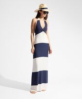 Women Viscose Jersey Maxi Striped Open-Back Dress Navy front worn view