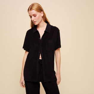 Camisa de bolos lisa en tejido terry unisex Negro vista frontal desgastada