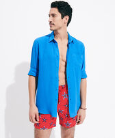 Men Linen Shirt Solid Earthenware front worn view
