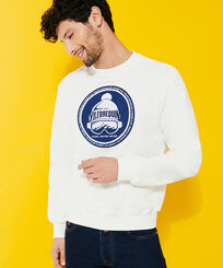Men Others Embroidered - Men Crewneck Cotton Sweater Embroidered Terry Patch Vilebrequin, Off white front worn view