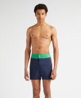 Men Stretch Swim Shorts Flat Belt Color Block Chive front worn view