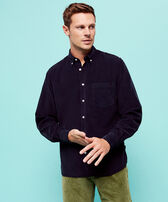Men Corduroy Shirt Solid Navy front worn view