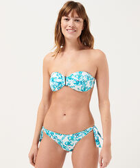 Women Fitted Printed - Women Bikini Bottom Mini Brief to be tied Orchidees, White front worn view