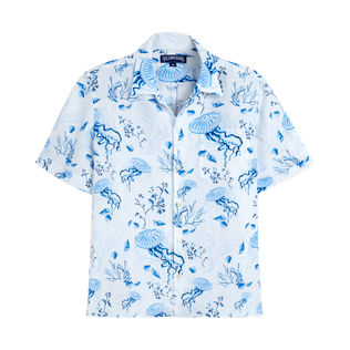 Men Bowling Linen Shirt Medusa and Shells White 正面图