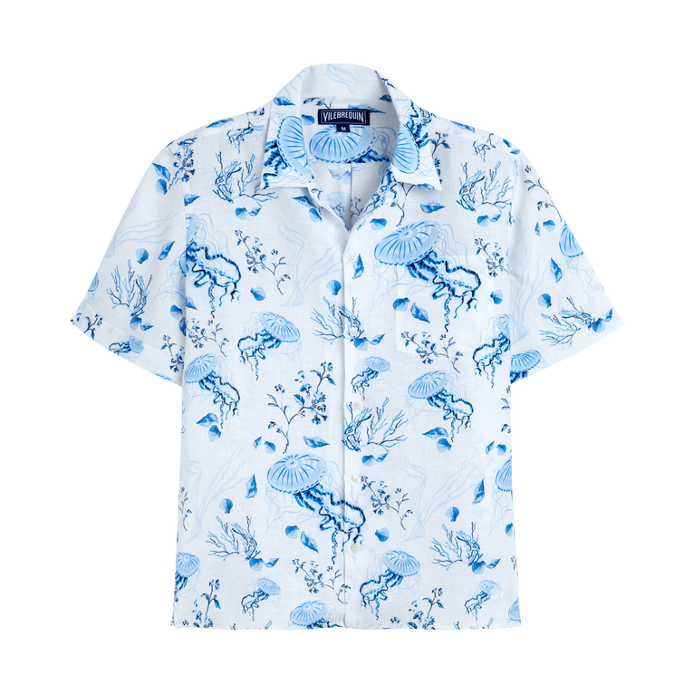 Vilebrequin Men Bowling Linen Shirt Medusa And Shells - Charli - White - Size M