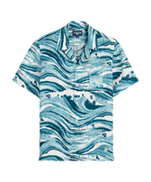 Men Linen Bowling Shirt Wave - Vilebrequin x Maison Kitsuné Blue front view