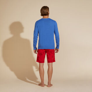 Men Cotton and Cashmere Crewneck Sweater Turtle Sea blue back worn view